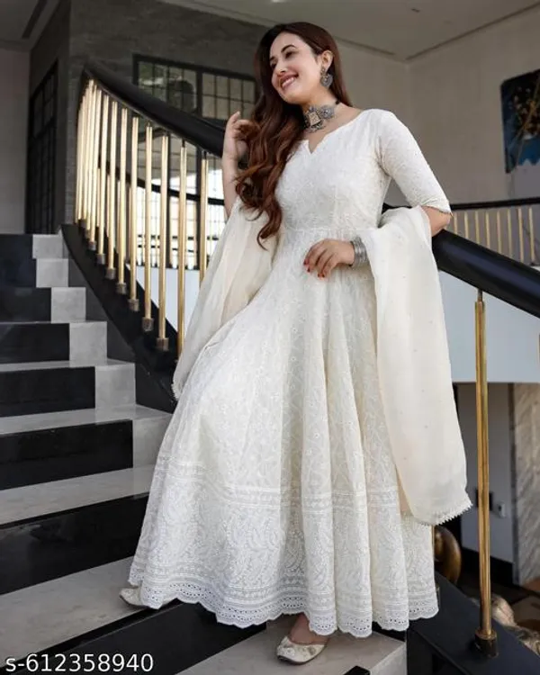 White_Premium_Cotton_Anarkali_Kurta_Pant_And_Dupatta_For_Women_And_Girls