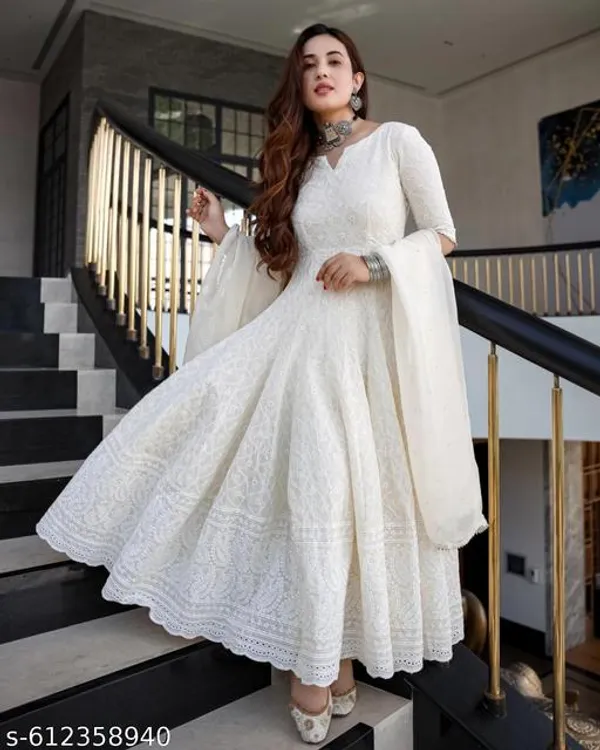White_Premium_Cotton_Anarkali_Kurta_Pant_And_Dupatta_For_Women_And_Girls