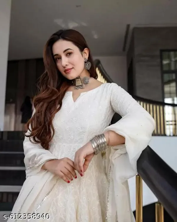 White_Premium_Cotton_Anarkali_Kurta_Pant_And_Dupatta_For_Women_And_Girls