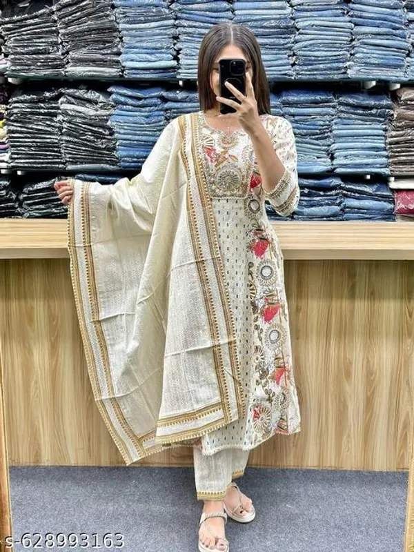 Off_White_Premium_Cotton_Flared_Kurta_Pant_And_Dupatta_For_Women_And_Girls