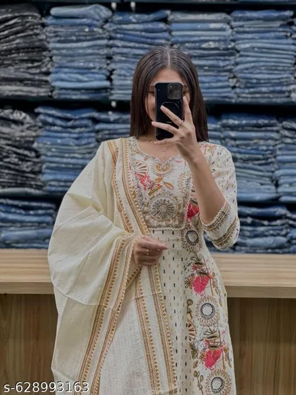 Off_White_Premium_Cotton_Flared_Kurta_Pant_And_Dupatta_For_Women_And_Girls