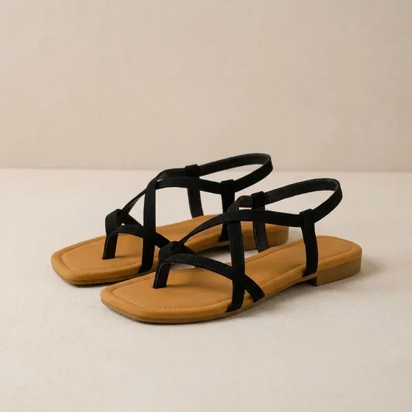 Black_Artificial_Leather_Flat_Sandal_For_Women_And_Girls