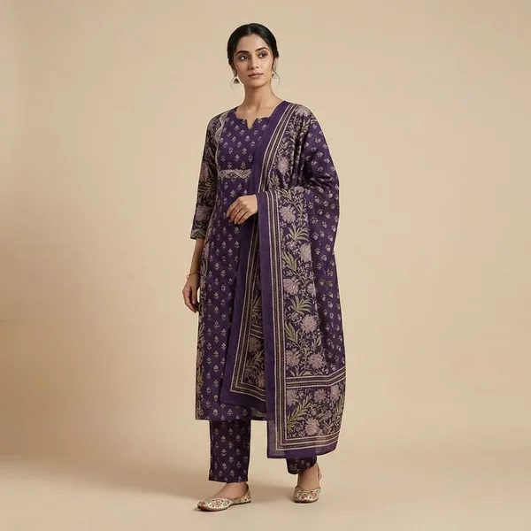 Purple_Premium_Cotton_Handcrafted_Adda_Anchor_Patra_Work_On_Yoke_A_Line_Kurta_Pant_And_Dupatta_For_Women_And_Girls
