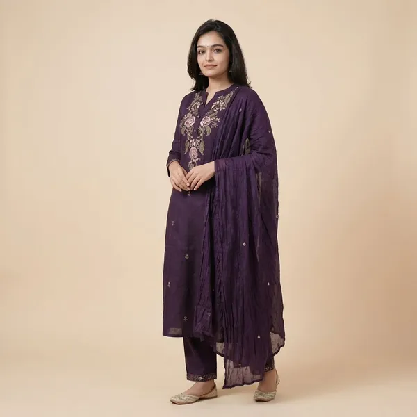 Purple_Premium_Cotton_Beautiful_Embroidery_Side_Baju_A_Line_Kurta_Pant_And_Dupatta_For_Women_And_Girls