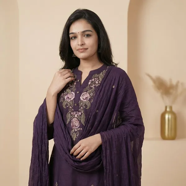 Purple_Premium_Cotton_Beautiful_Embroidery_Side_Baju_A_Line_Kurta_Pant_And_Dupatta_For_Women_And_Girls