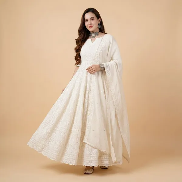 White_Premium_Cotton_Anarkali_Kurta_Pant_And_Dupatta_For_Women_And_Girls