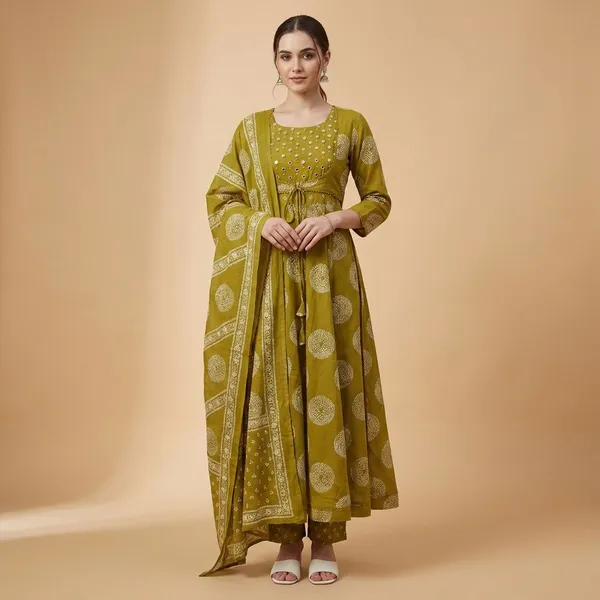 Green_Premium_Cotton_Anarkali_Kurta_Pant_And_Dupatta_For_Women_And_Girls