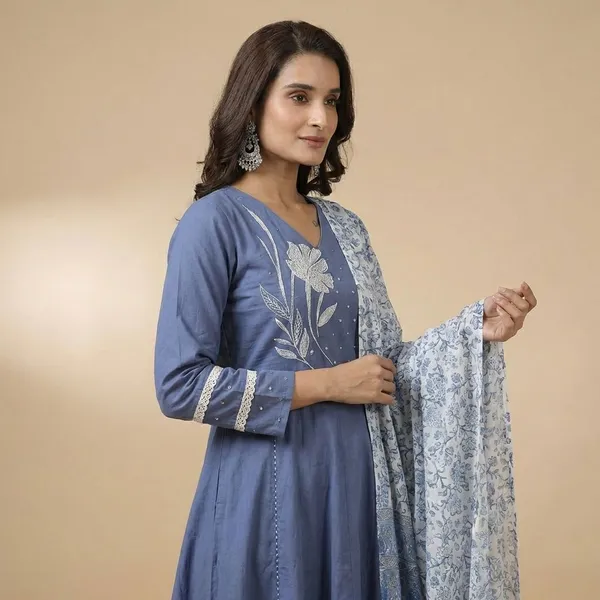 Blue_Premium_Cotton_Kurta_Pant_And_Dupatta_For_Women_And_Girls