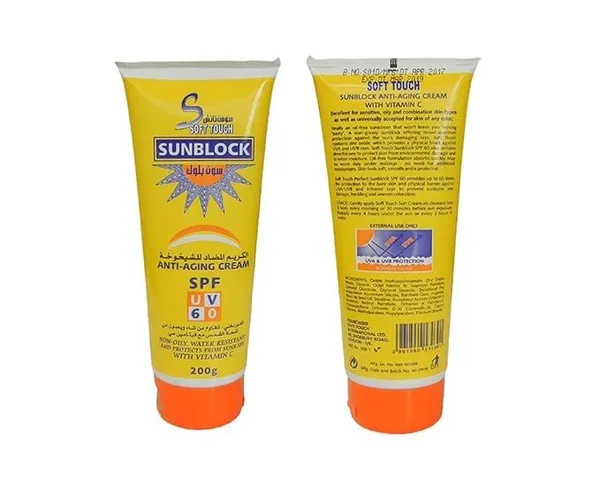White_Rawal_Beauty_House_Soft_Touch_Sun_Block_Anti_Aging_Cream_With_Vit_C_For_All_Skin_Types_Spf_60_200G_Pack_Of_1_Nos