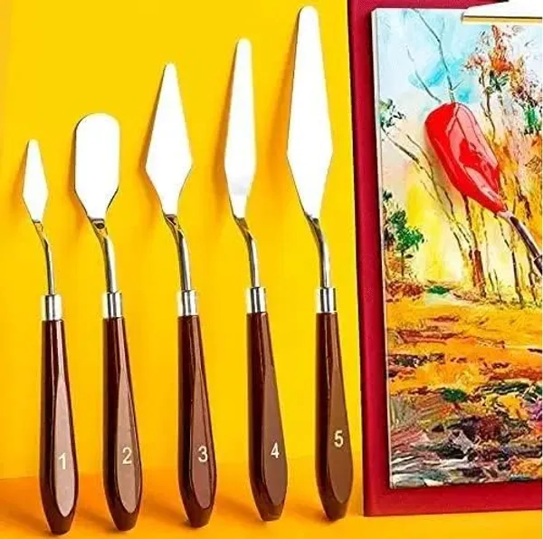 Brown_Set_Of_5_Palette_Painting_Knives_-Various_Sizes_&_Shapes,_Stainless_Steel_Scraper_Spatula_With_Polished_Brown_Handle_For_Artist_Canvas_Oil_Paint_Mixing_Colour