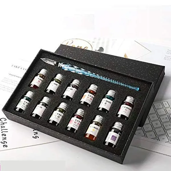Clear_Crystal_Glass_Dip_Fountain_Pen_With_12_Ink_Set