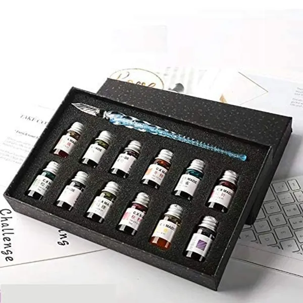 Clear_Crystal_Glass_Dip_Fountain_Pen_With_12_Ink_Set