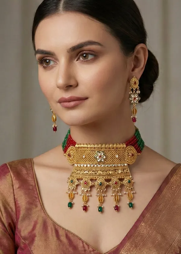 Red_&_Green_Alloy_Rajasthani_Kundan_Choker_Necklace_Choker_Necklace_Set_With_Earring_For_Women_&_Girls