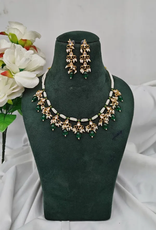 White_&_Green_Alloy_Kundan_Pearl_&_Green_Beaded_Necklace_Necklace_&_Earrings_Set_For_Women_&_Girls