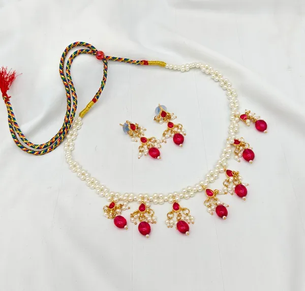 White_&_Red_Alloy_Pearl_&_Red_Stone_Design_Necklace_Set_With_Earring_For_Women_&_Girls