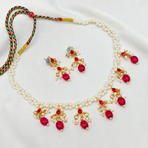 White_&_Red_Alloy_Pearl_&_Red_Stone_Design_Necklace_Set_With_Earring_For_Women_&_Girls