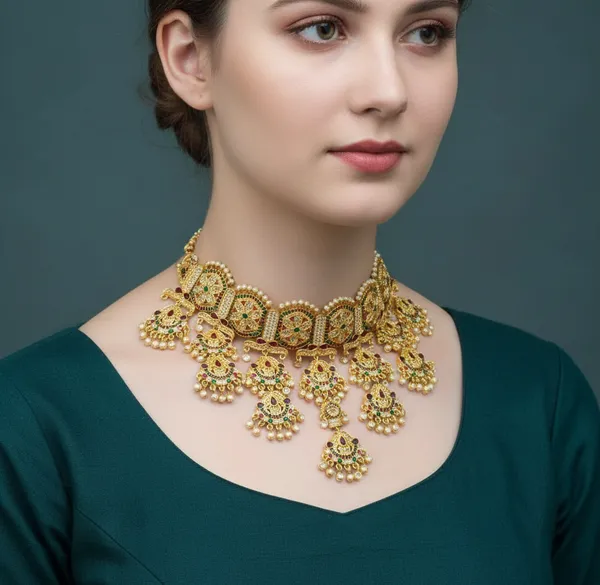 Ruby_,_Green_&_White_Alloy_Kundan_Temple-Style_Choker_Choker_Necklace_Set_With_Earring_For_Women_&_Girls