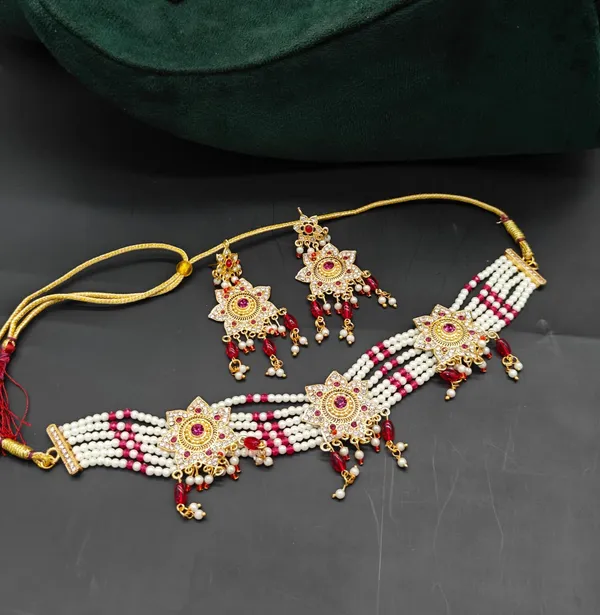 Red_Alloy_Floral_Motifs_With_Red_Stones_Choker_Necklace_Set_With_Earring_For_Women_&_Girls