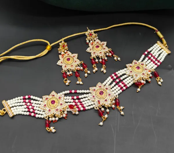 Red_Alloy_Floral_Motifs_With_Red_Stones_Choker_Necklace_Set_With_Earring_For_Women_&_Girls