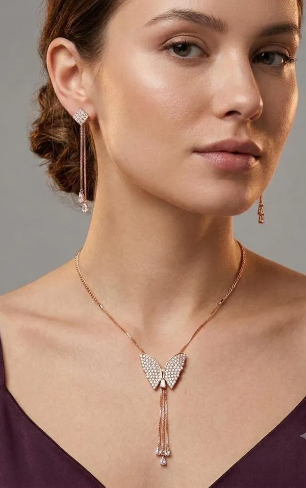 Butterfly_Tassel_Rose_Gold_CZ_Pendant_Necklace_Set_with_Matching_Long_Earrings_for_Women_&_Girls