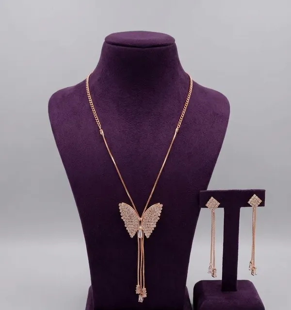 Butterfly_Tassel_Rose_Gold_CZ_Pendant_Necklace_Set_with_Matching_Long_Earrings_for_Women_&_Girls