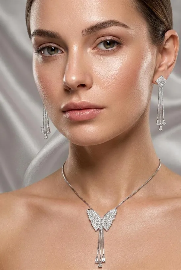 Butterfly_Tassel_Silver_CZ_Necklace_Set_with_Matching_Long_Earrings_for_Women_&_Girls
