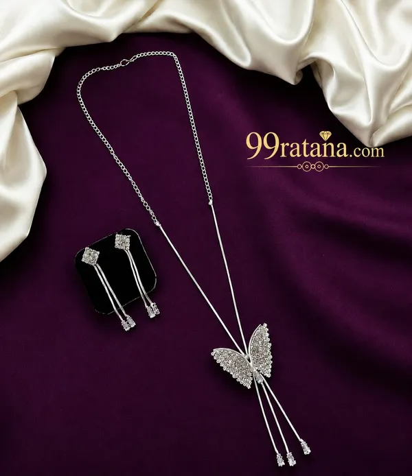 Butterfly_Tassel_Silver_CZ_Necklace_Set_with_Matching_Long_Earrings_for_Women_&_Girls