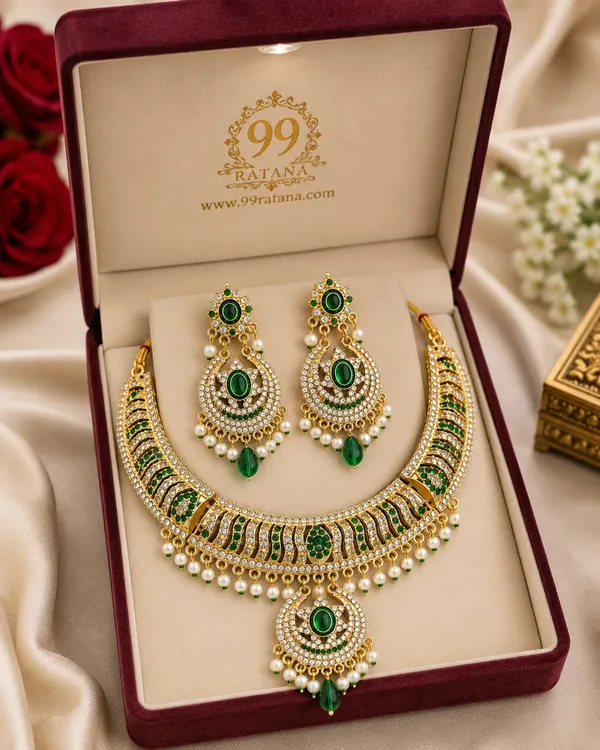 Elegant_Gold_Plated_Green_American_Diamond_Pearl_Necklace_Set_for_Women_&_Bridal_Wear