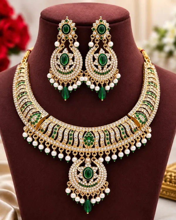 Elegant_Gold_Plated_Green_American_Diamond_Pearl_Necklace_Set_for_Women_&_Bridal_Wear