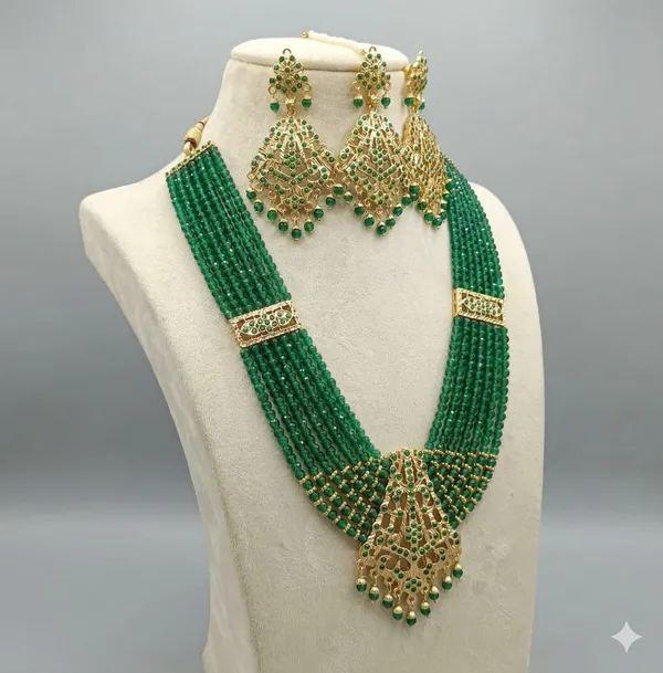 Green_Beaded_Necklace_Set_with_Statement_Earrings_and_mangtika_Women_&_Girls