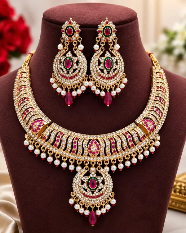 Rajsi_Ratna_Chandrika_Premium_Ruby_Red_American_Diamond_Pearl_Necklace_Set_for_Women_&_Bridal_Wear