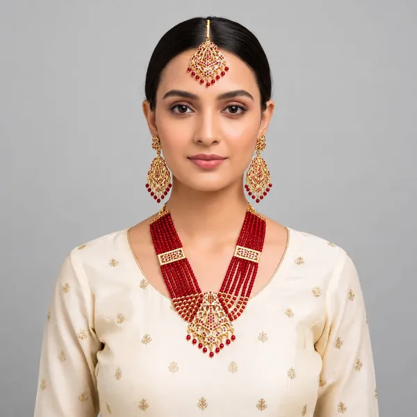 Red_Beaded_Necklace_Set_with_Statement_Earrings_and_mangtika_Women_&_Girls