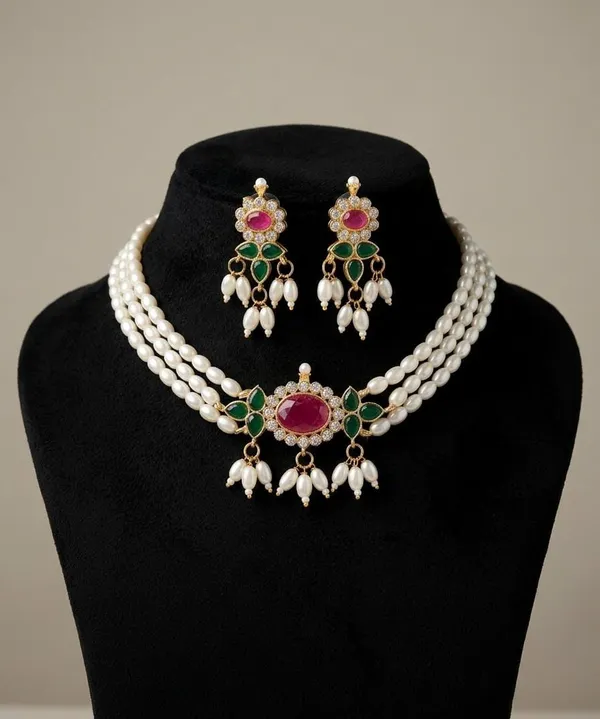 Red_&_Green_Alloy_Ruby,_Emerald_&_Pearl_Design_Choker_Necklace_Set_With_Earring_For_Women_&_Girls