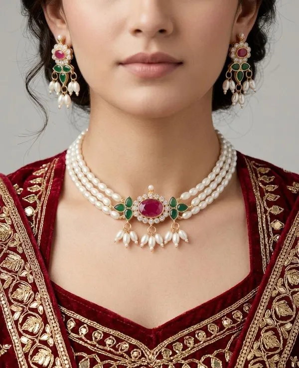 Red_&_Green_Alloy_Ruby,_Emerald_&_Pearl_Design_Choker_Necklace_Set_With_Earring_For_Women_&_Girls