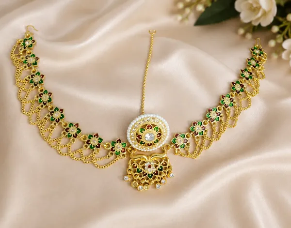 Royal_Kundan_Green_&_Red_Meenakari_Bridal_Matha_Patti_with_Pearl_Drops