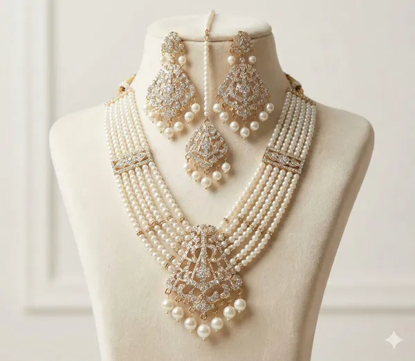 White_Beaded_Necklace_Set_with_Statement_Earrings_and_mangtika_Women_&_Girls