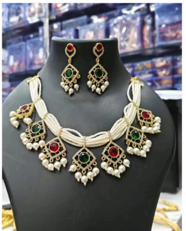 White_,_Green_&_Red_Alloy_Multi-Layered_Pearls_With_AD_Gemstone_Embellishments_Necklace_Set_With_Earring_For_Women_&_Girls