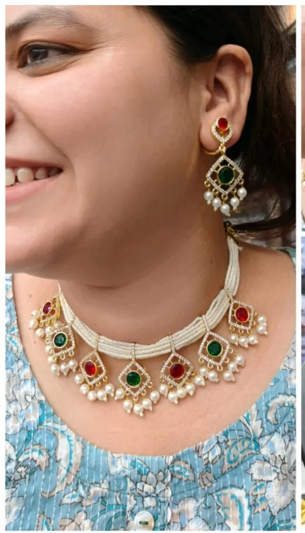 White_,_Green_&_Red_Alloy_Multi-Layered_Pearls_With_AD_Gemstone_Embellishments_Necklace_Set_With_Earring_For_Women_&_Girls