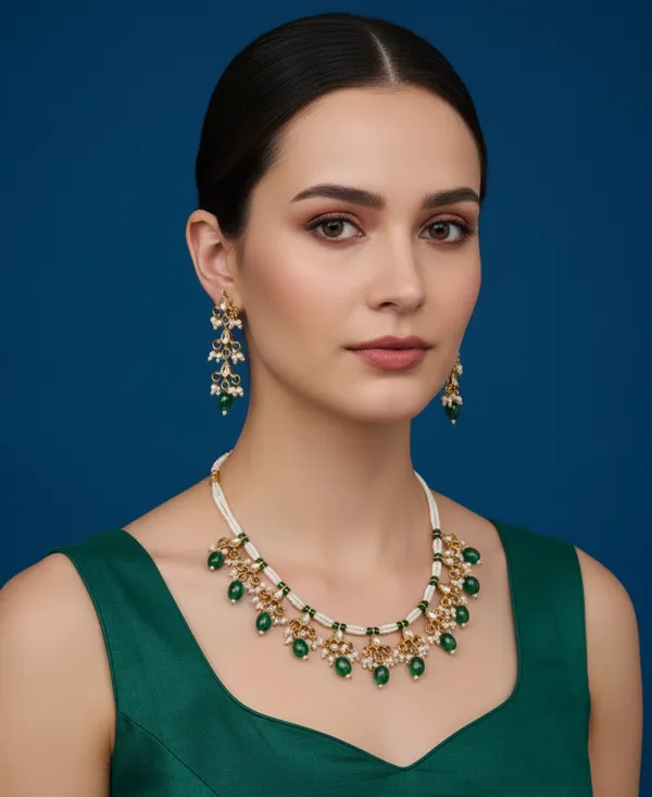 White_&_Green_Alloy_Kundan_Pearl_&_Green_Beaded_Necklace_Necklace_&_Earrings_Set_For_Women_&_Girls