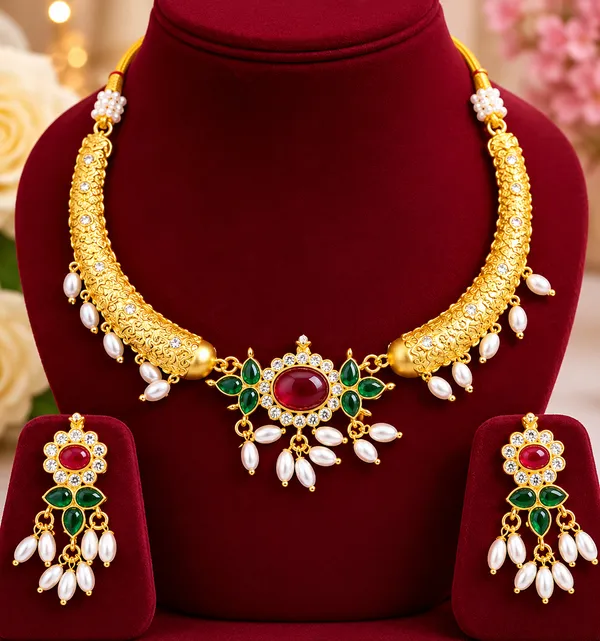 Red_&_Green_Alloy_Ruby,_Emerald_&_Pearl_Design_Necklace_Set_With_Earring_For_Women_&_Girls