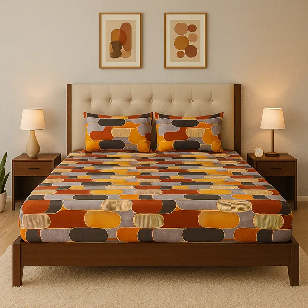 Retro_Sunset_Blocks_Golden_&_Brown_Elastic_Fitted_Cotton_Rich_Feel_Double_Bedsheet_with_2_Pillow_Cover_|_72*78+6_Inch_|_120_GSM