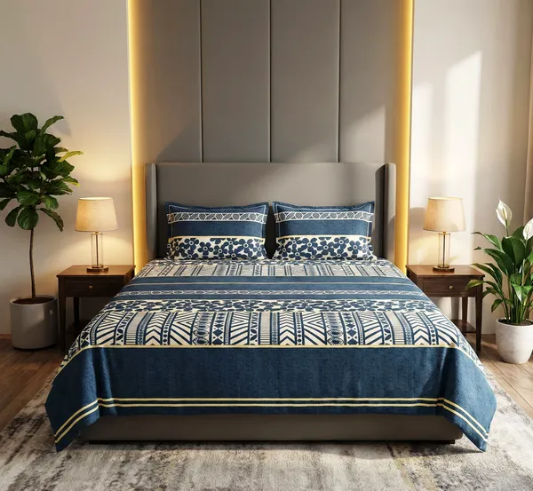 Elegant_Blue_Floral_&_Geometric_Cotton_Rich_Feel_Flat_Double_Bedsheet_With_2_Pillow_Cover_|_90*100_Inch_|_140_GSM_|_Queen_Size