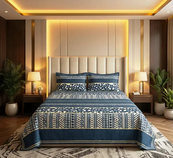 Elegant_Blue_Floral_&_Geometric_Cotton_Rich_Feel_Flat_Double_Bedsheet_With_2_Pillow_Cover_|_90*100_Inch_|_140_GSM_|_Queen_Size