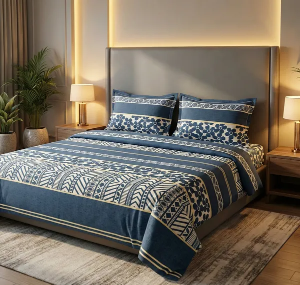 Elegant_Blue_Floral_&_Geometric_Cotton_Rich_Feel_Flat_Double_Bedsheet_With_2_Pillow_Cover_|_90*100_Inch_|_140_GSM_|_Queen_Size