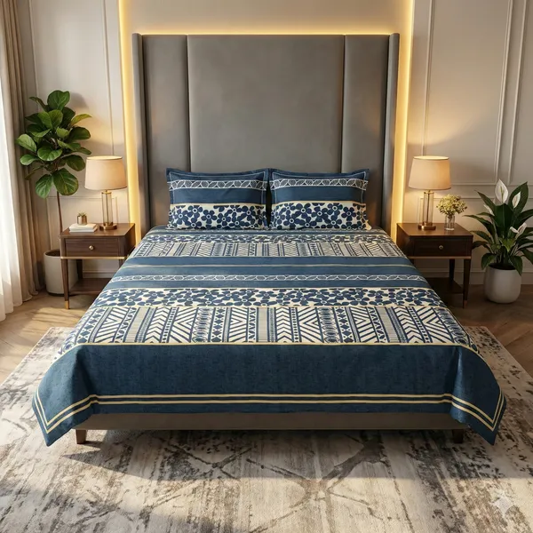 Elegant_Blue_Floral_&_Geometric_Cotton_Rich_Feel_Flat_Double_Bedsheet_With_2_Pillow_Cover_|_90*100_Inch_|_140_GSM_|_Queen_Size