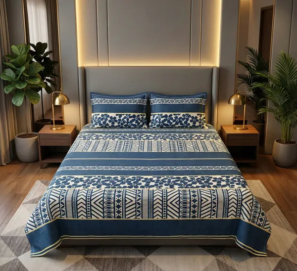 Elegant_Blue_Floral_&_Geometric_Cotton_Rich_Feel_Flat_Double_Bedsheet_With_2_Pillow_Cover_|_90*100_Inch_|_140_GSM_|_Queen_Size
