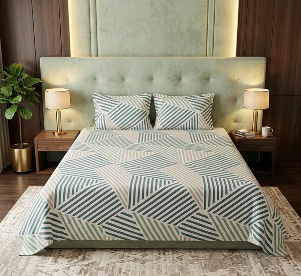 Elegant_Green_&_White__100%_Soft_Cotton_Feel_Breathable_Flat_Double_Bedsheet_With_2_Pillow_Cover_|_90*_100_Inch_|_140_GSM_|_Queen_Size