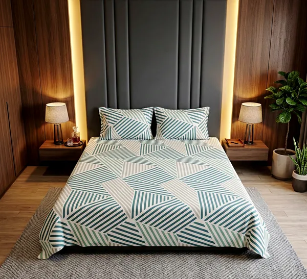 Elegant_Green_&_White__100%_Soft_Cotton_Feel_Breathable_Flat_Double_Bedsheet_With_2_Pillow_Cover_|_90*_100_Inch_|_140_GSM_|_Queen_Size
