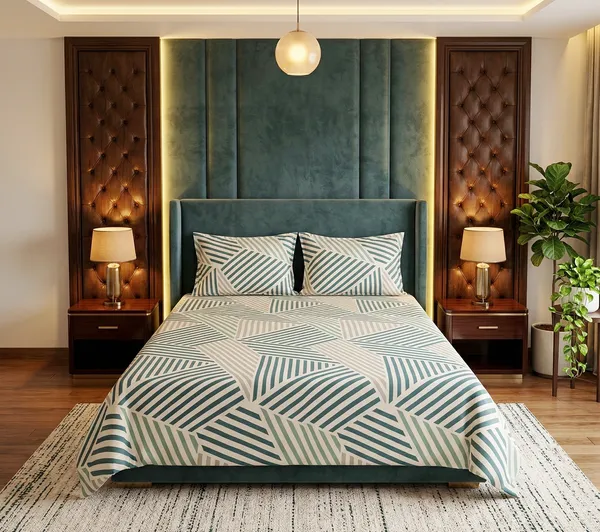 Elegant_Green_&_White__100%_Soft_Cotton_Feel_Breathable_Flat_Double_Bedsheet_With_2_Pillow_Cover_|_90*_100_Inch_|_140_GSM_|_Queen_Size