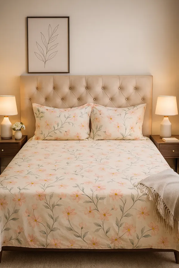 White_Floral_Elastic_Fitted_Cotton_Rich_Feel_Double_Bedsheet_With_2_Pillow_Cover_|_72*78+6_Inch__|_120_GSM